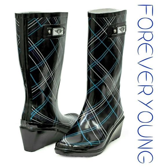 Women's Rainboots, Tall Wedge Rain Boots, #3100, Blue Plaid - Picture 1 of 3